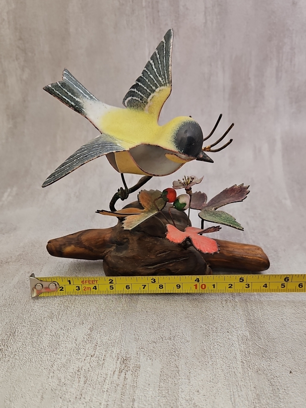 Vintage Norman Brumm Enamel on Copper Goldfinch Burl Wood Sculpture